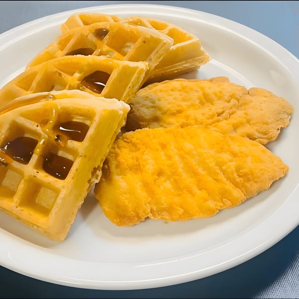 Golden waffles drizzled with syrup and crispy fried chicken on a white plate.